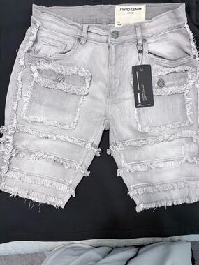 FWRD Denim Men's Light Gray Distressed Cargo Jean Shorts
